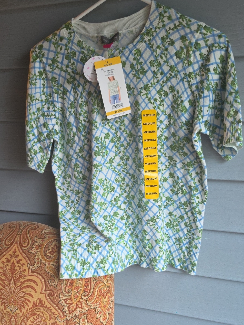 Vince Camuto Green and Blue Floral Plaid Short Sleeve Sweater